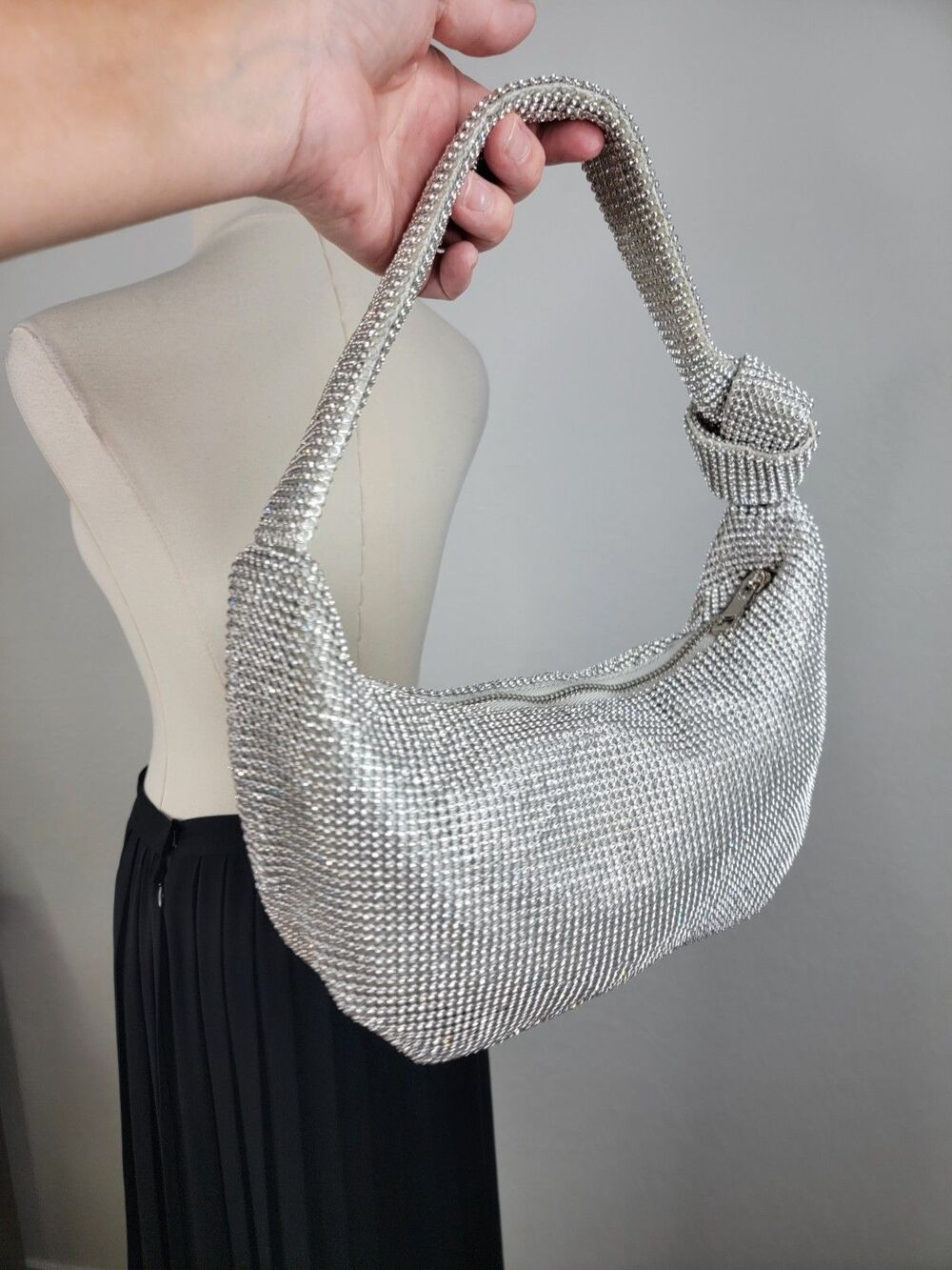 Olga Berg - Jessica Soft Crystal Mesh Croissant Bag Silver - Picture 6 of 17